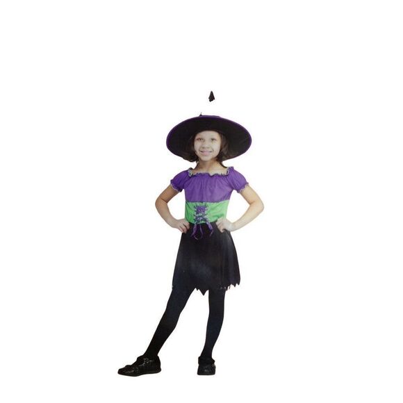 𝅺HALLOWEEN Costume Dress with Witch Hat  3t-4t Purple Black Green Polyester - Picture 1 of 4